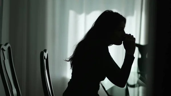 Silhouette One Depressed Young Woman Sitting Home Dark Lonely Girl — 图库照片