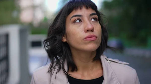 Pensive Young Woman Walking Street One Thoughtful Hispanic Latin Person — Stockfoto