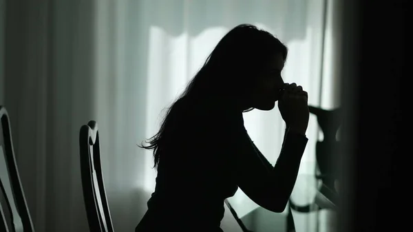 Silhouette One Depressed Young Woman Sitting Home Dark Lonely Girl — Foto Stock
