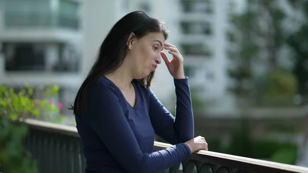 Happy Woman Standing Home Balcony Thinking Enjoying Daylight Pensive Girl — ストック写真