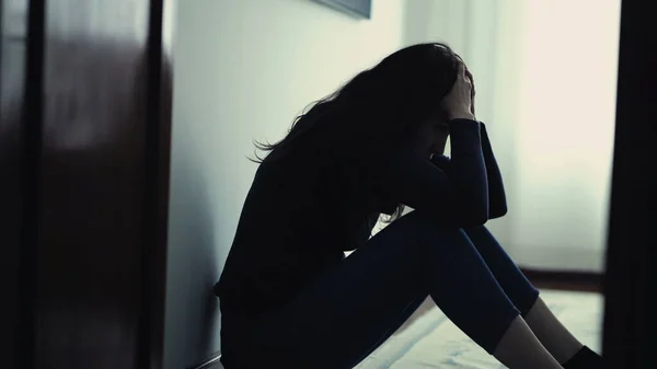 Desperate Person Distress Emotional Crisis Woman Sitting Floor Home Feeling — Foto Stock