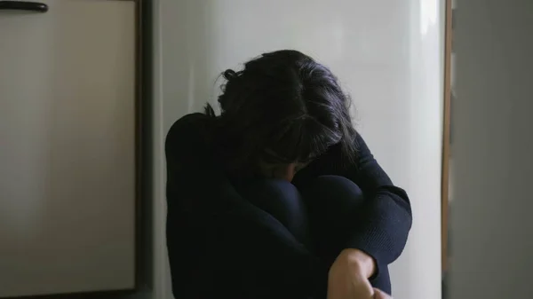 One Anxious Hispanic Latina Woman Sitting Floor Overwhelmed Problems — Foto Stock