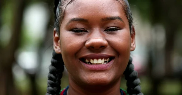 Mixed Race Black Girl Laughing Outdoors Looking Camera —  Fotos de Stock