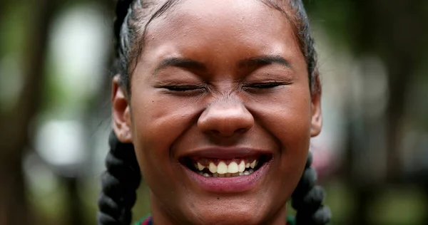 Mixed Race Black Girl Laughing Outdoors Looking Camera — Photo