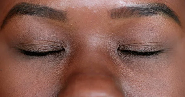 Meditative Young Black Woman Closing Eyes Contemplation Macro Close Woman — Zdjęcie stockowe