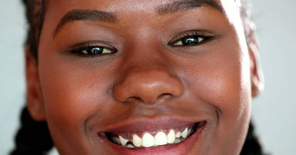Happy Young Black Woman Smiling Extreme Close Face African Girl — Zdjęcie stockowe