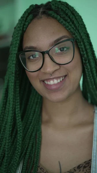 Young Latin Hispanic Black Girl Green Dreadlocks Smiling Camera African — Zdjęcie stockowe