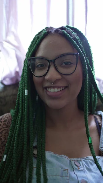 Portrait Young Hispanic Black Woman Box Braid Hairstyle Smiling Camera - Stock-foto