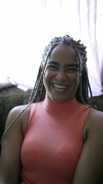 Happy Black Woman Smiling Camera Box Braids Hairstyle Portrait Brazilian — Zdjęcie stockowe