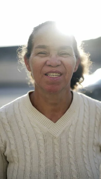 Portrait South American Older Woman 70S Standing Smiling Happy Senior — стоковое фото