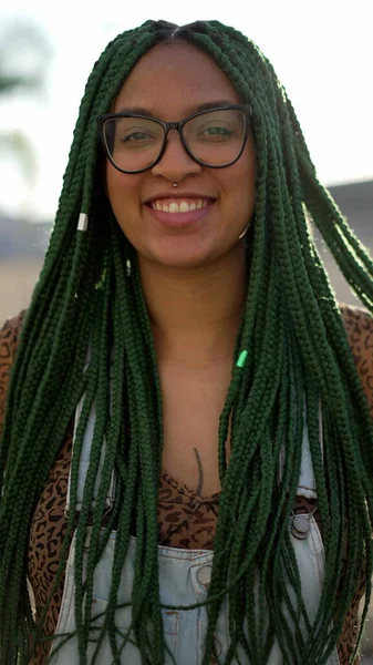 Happy Black Latin Girl Green Box Braids Hairstyle Smiling Camera — Zdjęcie stockowe