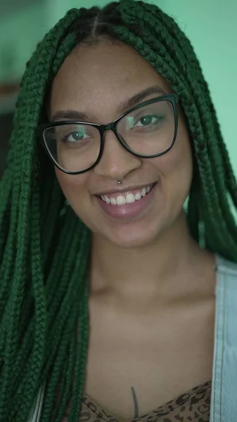 Young Latin Hispanic Black Girl Green Dreadlocks Smiling Camera African — Stockfoto