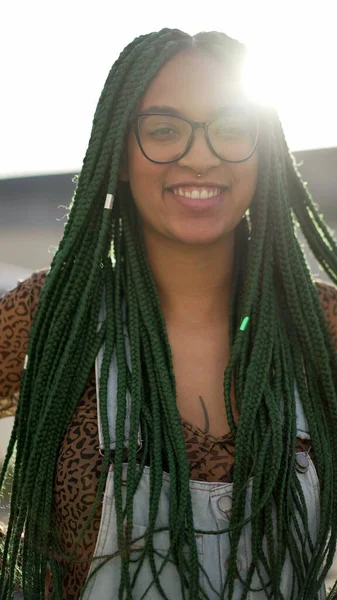 Happy Black Latin Girl Green Box Braids Hairstyle Smiling Camera — Zdjęcie stockowe