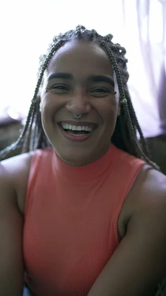 Happy Black Woman Smiling Camera Box Braids Hairstyle Portrait Brazilian — Zdjęcie stockowe