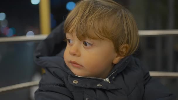 Little Year Old Carousel Amusement Park Close Face — Video Stock