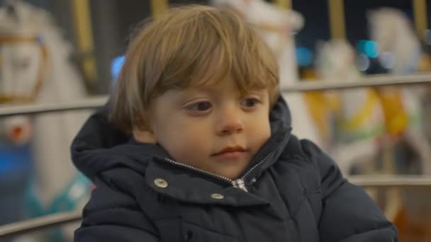 Cute Little Boy Having Fun Amusement Park Carousel — Stok video