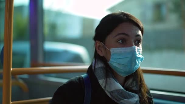 Woman Wearing Covid Face Mask Riding Bus Commuting — Stok Video