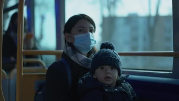 Parent Wearing Face Mask Riding Bus Transportation Infant Toddler — Stock videók