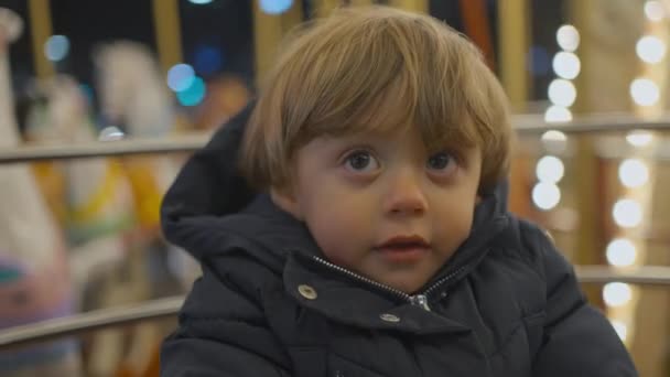 Cute Little Boy Having Fun Amusement Park Carousel — Stockvideo