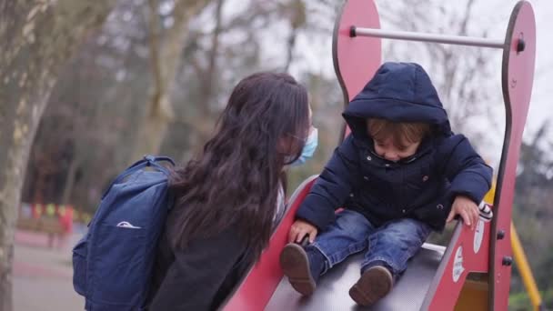 Baby Toddler Having Fun Playground Mother Covid Winter Season Child — Stock video