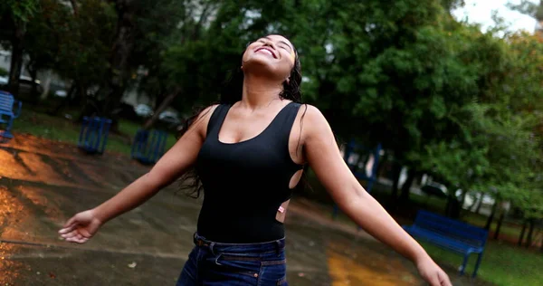 Woman Standing Pouring Rains Hower Happiness Concept —  Fotos de Stock