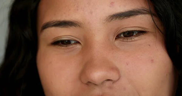 Pensive Thoughtful Hispanic Girl Close Face Eyes Thinking Deeply — Stockfoto