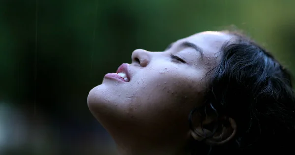 Young Woman Standing Rain Girl Opening Eyes Sky Feeling Hope — Foto Stock