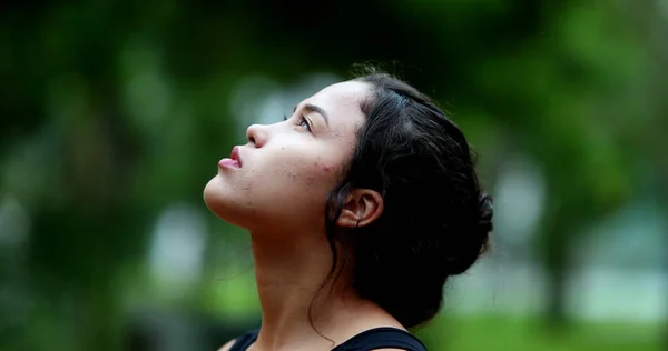 Young Woman Close Face Looking Sky Pensive Girl — Stock Fotó