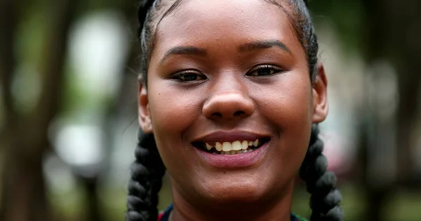 Young Black Woman Walking Camera Park Portrait Face — 스톡 사진