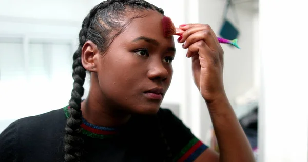 Young Black Woman Applying Make Front Mirror Casual African Mixed — Fotografia de Stock