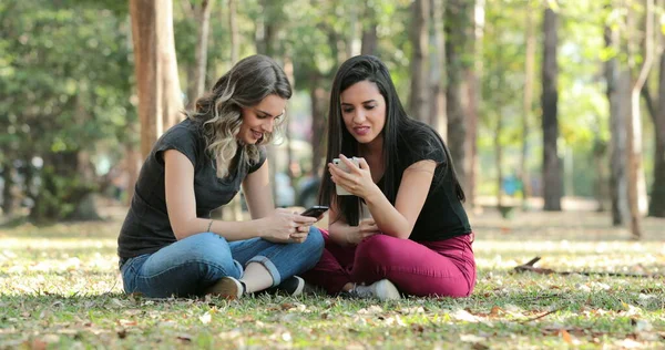 Candid Friends Park Checking Cellphones Girls Seated Looking Smartphones Chatting — ストック写真