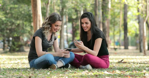 Candid Friends Park Checking Cellphones Girls Seated Looking Smartphones Royalty Free Stock Photos