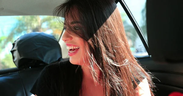 Candid Authentic Laugh Girl Back Seat Car Smiling Joyful Woman — Fotografia de Stock