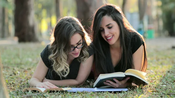Girls Lying Grass Studying Books Students Reading Material Outdoors Sunlight — Stock Fotó