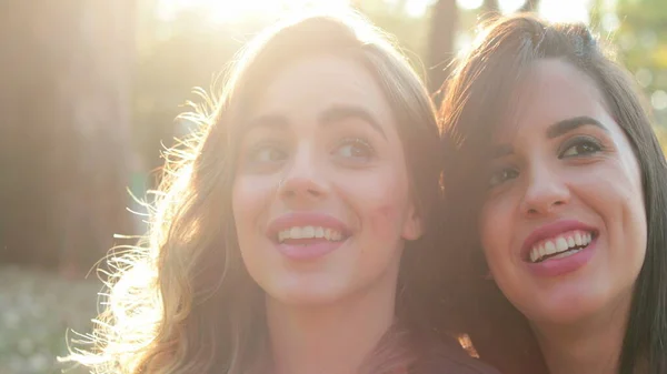 Girlfriends Posing Selfie Friend Kissing Female Partner Cheek Candid Authentic — Fotografia de Stock