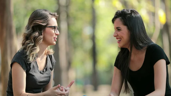 Girlfriends Gossiping Each Other Park Friends Talking One Another — Fotografia de Stock