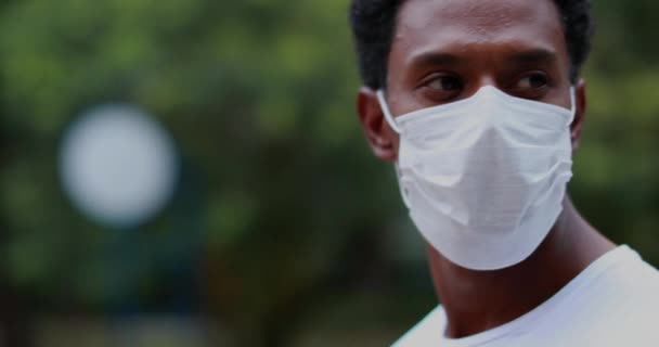 Portrait African Black Person Wearing Covid Prevention Mask — Stock video