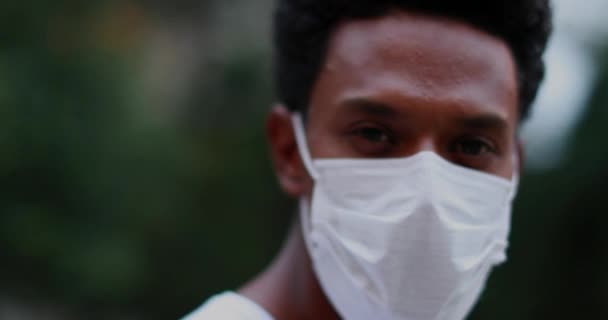 Portrait African Black Person Wearing Covid Prevention Mask — стокове відео