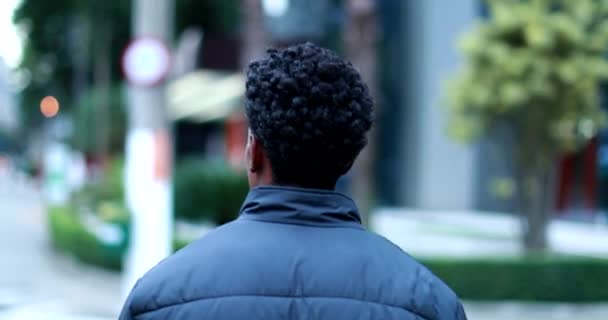 African American Male Walking Urban City Sidewalk — Stok video