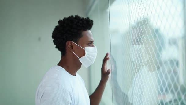 African American Black Man Standing Next Window Looking City Wearing — Vídeo de Stock