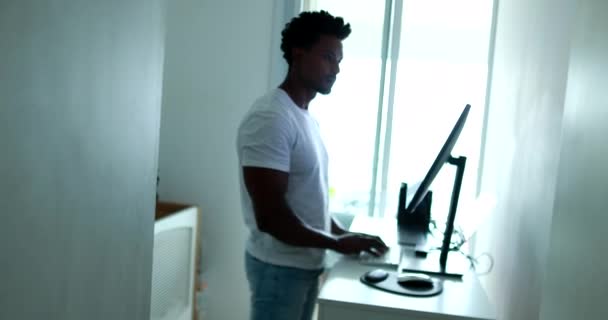 African American Man Working Home Front Monitor Home Office Desktop — Vídeo de Stock