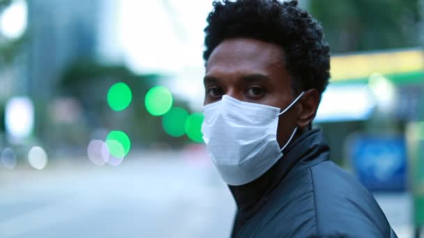 African American Man Portrait City Wearing Surgical Preventive Mask Disease — стоковое видео