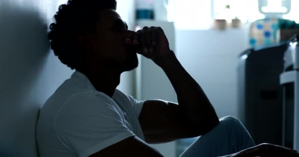 Worried African American Man Sitting Home Floor Feeling Despair Frustration — Video Stock