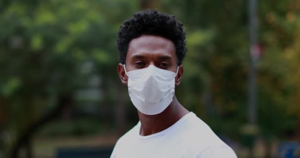 Portrait African Man Standing Wearing Surgical Mask Prevention — стоковое видео