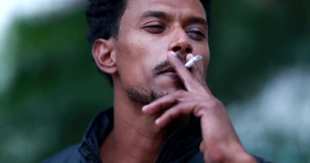 Mixed Race Portrait Man Smoking Cigarette Tobacco Outdoors Unhealthy Habit — Stockvideo