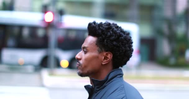 Confident Man Walking City Positive Person African Descent Walks Urban — стоковое видео