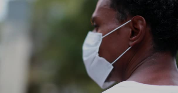Portrait African Black Person Wearing Covid Prevention Mask — Αρχείο Βίντεο