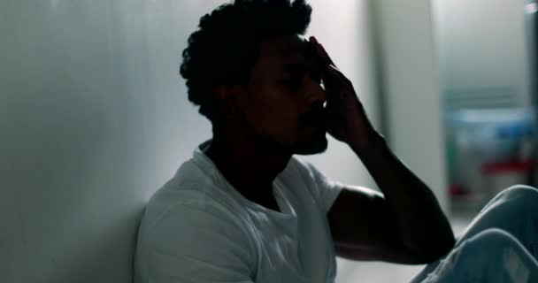 Concerned Man Sitting Floor Home Feeling Grief Regret Silhouette Black — Stok Video