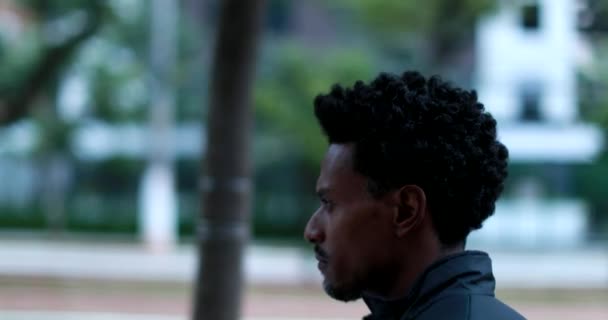 Pensive Man Walking City Thoughtful Black African American Walks Urban — стоковое видео