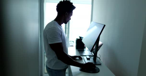 African American Working Front Computer Person Looking Screen Standing Desk — ストック動画